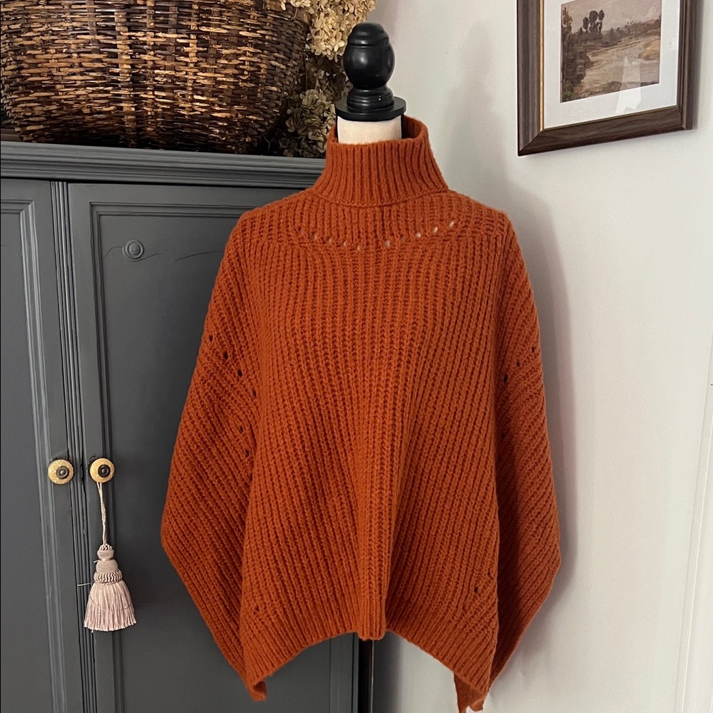 By Anthropologie Burnt Orange Poncho Sweater - Picture 5 of 7